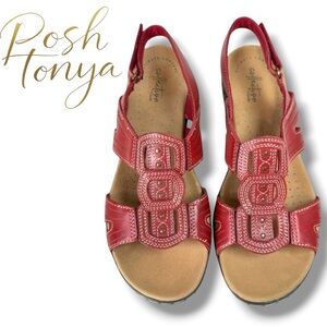 Clarks Leisa Vine Strappy Leather Sandals Red Size 8 Cushion Comfort Walking